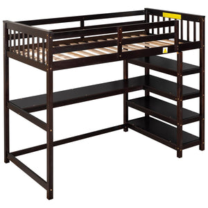 English Elm Twin Pine Loft Bed with Built-in Desk Open Shelves and Led Ambient Lighting Espresso GX000245AAP