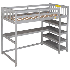 English Elm Twin Pine Loft Bed with Built-in Desk Open Shelves and Led Ambient Lighting Gray GX000245AAE