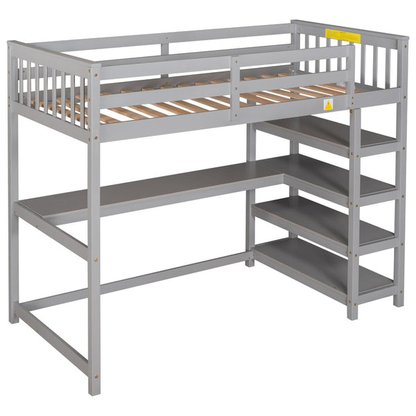 English Elm Twin Pine Loft Bed with Built-in Desk Open Shelves and Led Ambient Lighting Gray GX000245AAE