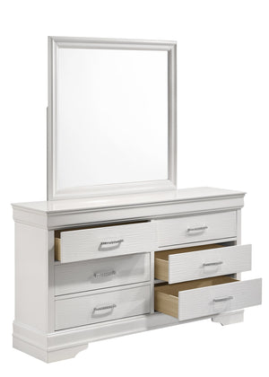 English Elm Queen Brooklyn 4PC Bedroom Set with Tufted LED Headboard, 6-Drawer Dresser, Nightstand & Mirror — Modern White Wood Finish 733569251230