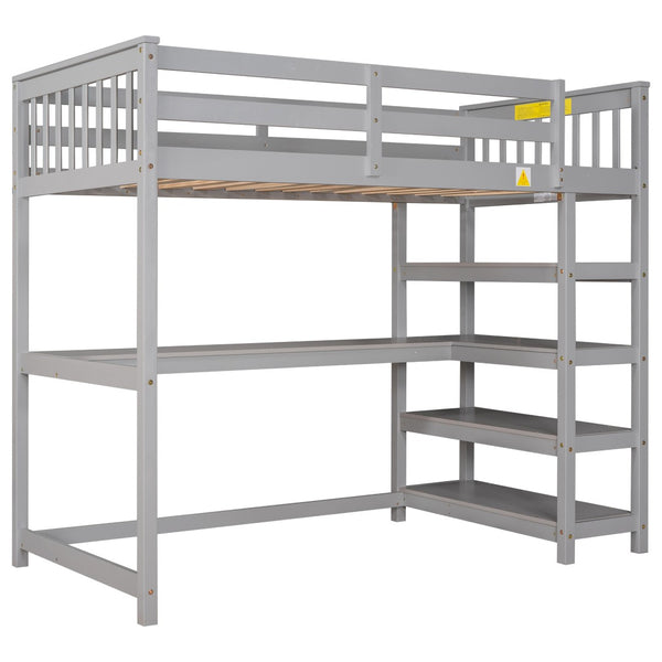 English Elm Twin Pine Loft Bed with Built-in Desk Open Shelves and Led Ambient Lighting Gray GX000245AAE