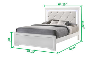 English Elm Queen Brooklyn 4PC Bedroom Set with Tufted LED Headboard, 6-Drawer Dresser, Nightstand & Mirror — Modern White Wood Finish 733569251230