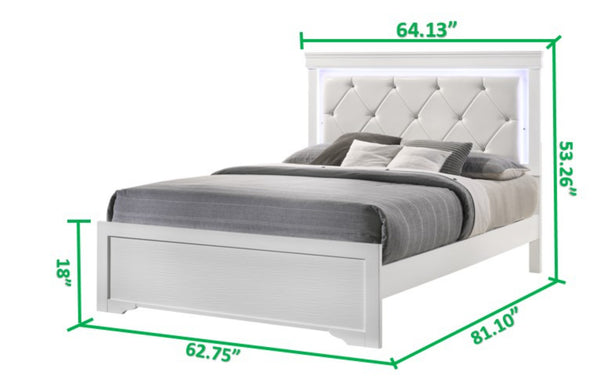 English Elm Queen Brooklyn 4PC Bedroom Set with Tufted LED Headboard, 6-Drawer Dresser, Nightstand & Mirror — Modern White Wood Finish 733569251230