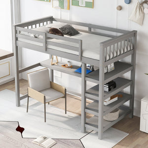 English Elm Twin Pine Loft Bed with Built-in Desk Open Shelves and Led Ambient Lighting Gray GX000245AAE