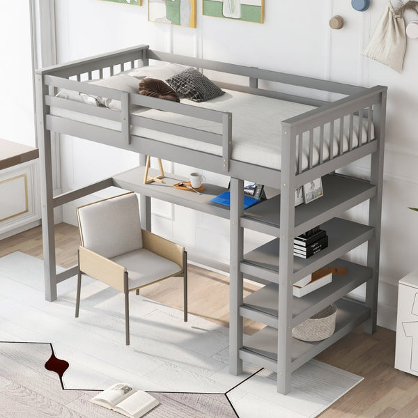 English Elm Twin Pine Loft Bed with Built-in Desk Open Shelves and Led Ambient Lighting Gray GX000245AAE