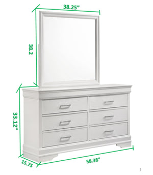 English Elm Queen Brooklyn 4PC Bedroom Set with Tufted LED Headboard, 6-Drawer Dresser, Nightstand & Mirror — Modern White Wood Finish 733569251230