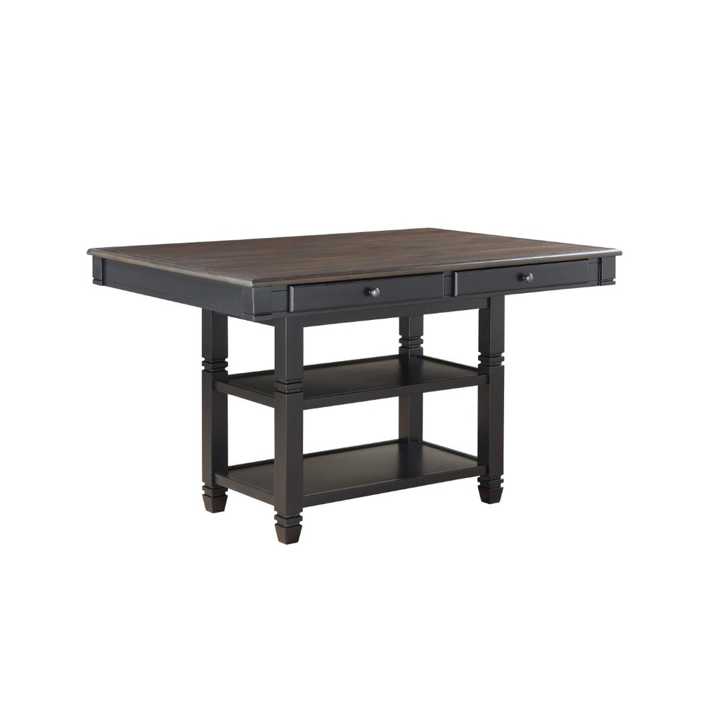 English Elm Transitional Counter Height Dining Table with Four Drawers and Open Shelves Seats Six B01152849