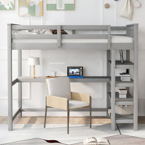 English Elm Twin Pine Loft Bed with Built-in Desk Open Shelves and Led Ambient Lighting Gray GX000245AAE