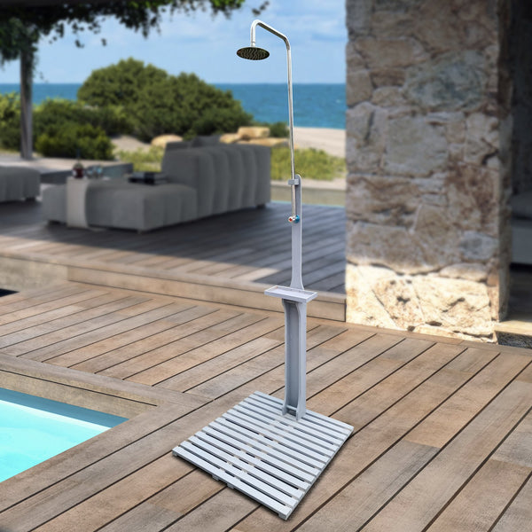 English Elm Outdoor Wooden Garden Pool Shower with Adjustable Pressure Knob, Weatherproof Fir Wood Stand, Gray W49547257