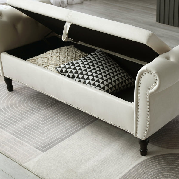 English Elm Aijia Velvet Storage Bench 63" Button-Tufted Nailhead Trim Ottoman with Pillow, Flip-Top Seat, Solid Wood Legs Beige W111749320