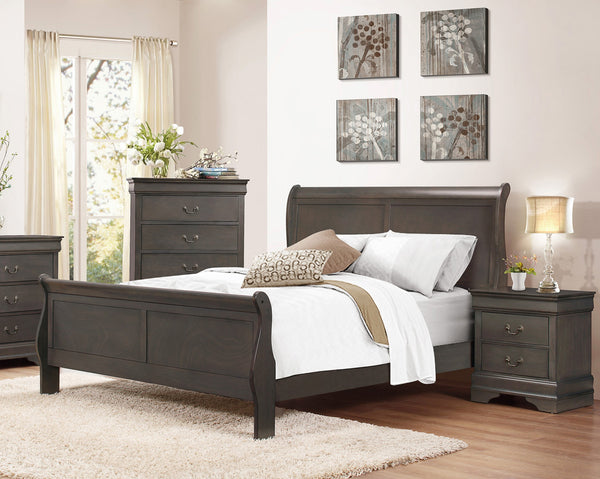 English Elm Stained Gray Mayville Queen Sleigh Bed — Louis Philippe Inspired Traditional Design, Solid Craftsmanship, 62.5"W x 89.5"L B011S00150