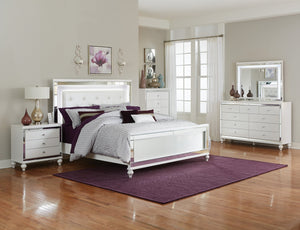 English Elm Metallic White Queen Bed with LED Backlit Tufted Headboard, Alligator Embossed Mirrors & Crystals B011S00572
