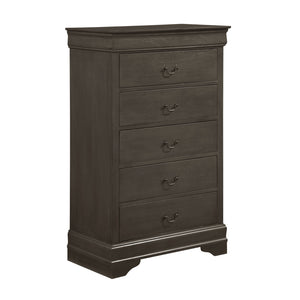 English Elm Classic Mayville 5-Drawer Chest in Stained Gray Okume Veneer with Antique Brass Drop Handles, 31.25x15.75x48.5" B01153393