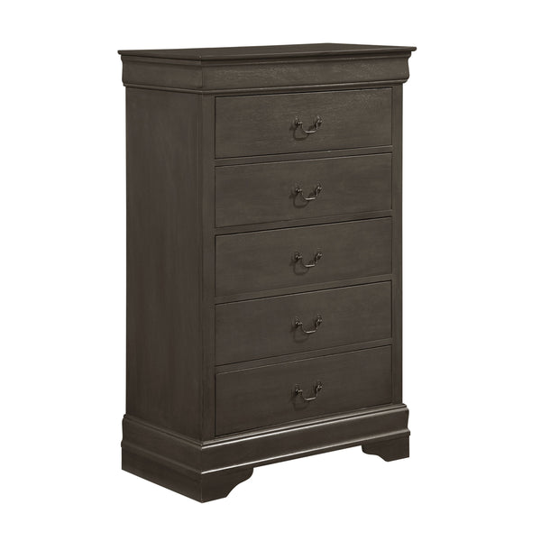 English Elm Classic Mayville 5-Drawer Chest in Stained Gray Okume Veneer with Antique Brass Drop Handles, 31.25x15.75x48.5" B01153393