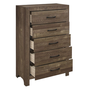 English Elm Simple Rustic Brown 5-Drawer Chest with Black Metal Hardware, Embossed Faux-Wood Veneer, 31.5x16x47.5 B01153395