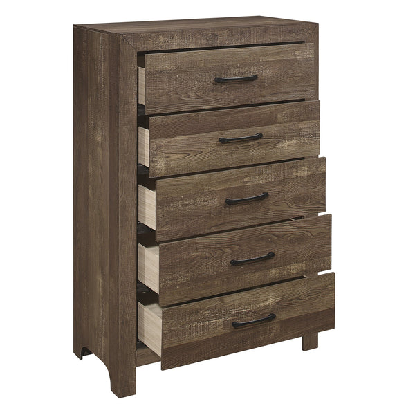 English Elm Simple Rustic Brown 5-Drawer Chest with Black Metal Hardware, Embossed Faux-Wood Veneer, 31.5x16x47.5 B01153395