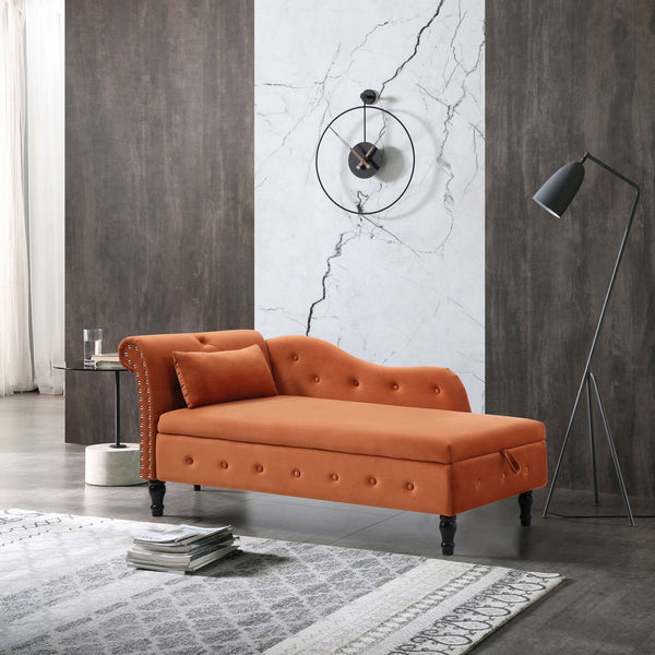 English Elm Aijia Velvet Tufted Storage Chaise Lounge with Nailhead Trim & Solid Wood Legs, Soft Upholstery Orange W111749343