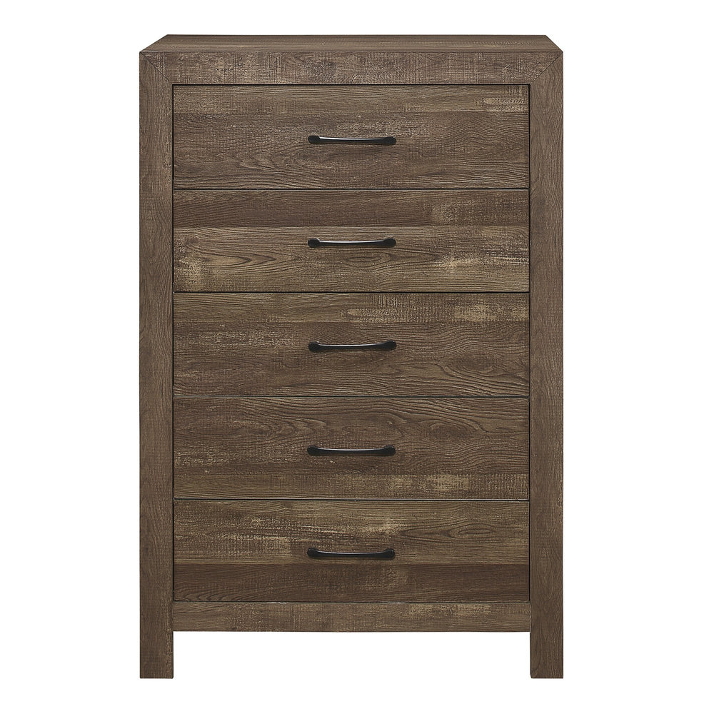 English Elm Simple Rustic Brown 5-Drawer Chest with Black Metal Hardware, Embossed Faux-Wood Veneer, 31.5x16x47.5 B01153395