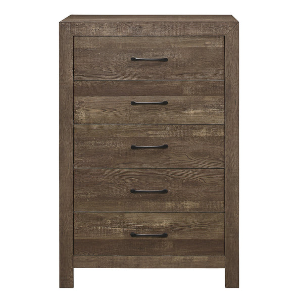 English Elm Simple Rustic Brown 5-Drawer Chest with Black Metal Hardware, Embossed Faux-Wood Veneer, 31.5x16x47.5 B01153395