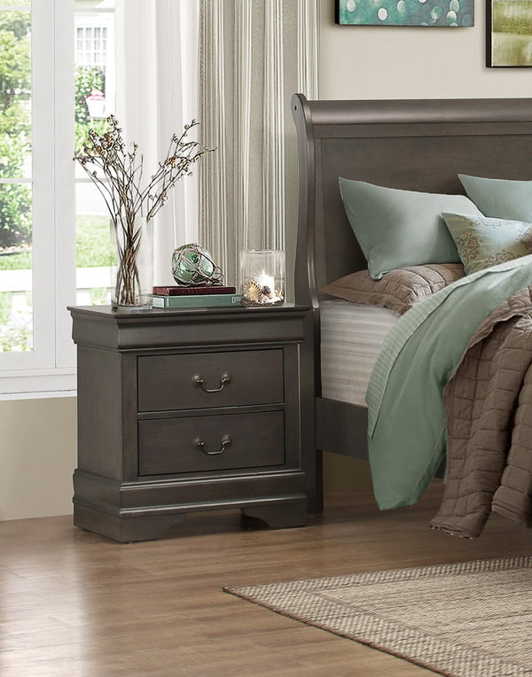 English Elm Classic Mayville Louis Philippe Nightstand Stained Gray Okume Veneer Antique Brass Drop Handles, 21.5" x 15.75" x 23.75" single-piece traditional bedside storage with two drawers, elegant compact design for classic bedroom décor B01153386