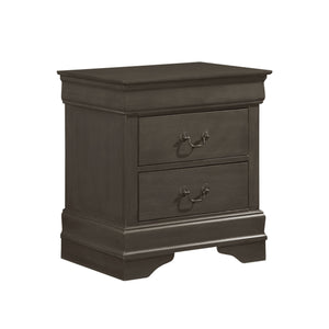 English Elm Classic Mayville Louis Philippe Nightstand Stained Gray Okume Veneer Antique Brass Drop Handles, 21.5" x 15.75" x 23.75" single-piece traditional bedside storage with two drawers, elegant compact design for classic bedroom décor B01153386
