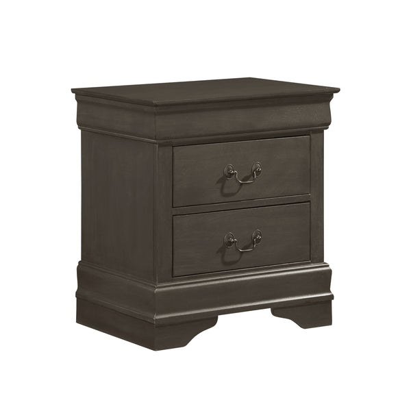 English Elm Classic Mayville Louis Philippe Nightstand Stained Gray Okume Veneer Antique Brass Drop Handles, 21.5" x 15.75" x 23.75" single-piece traditional bedside storage with two drawers, elegant compact design for classic bedroom décor B01153386