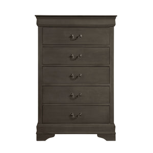 English Elm Classic Mayville 5-Drawer Chest in Stained Gray Okume Veneer with Antique Brass Drop Handles, 31.25x15.75x48.5" B01153393