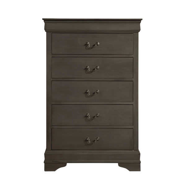 English Elm Classic Mayville 5-Drawer Chest in Stained Gray Okume Veneer with Antique Brass Drop Handles, 31.25x15.75x48.5" B01153393