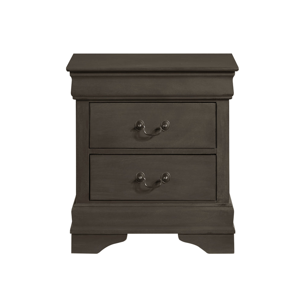 English Elm Classic Mayville Louis Philippe Nightstand Stained Gray Okume Veneer Antique Brass Drop Handles, 21.5" x 15.75" x 23.75" single-piece traditional bedside storage with two drawers, elegant compact design for classic bedroom décor B01153386