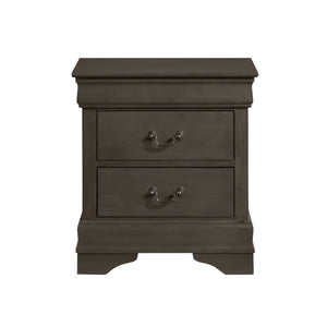 English Elm Classic Mayville Louis Philippe Nightstand Stained Gray Okume Veneer Antique Brass Drop Handles, 21.5" x 15.75" x 23.75" single-piece traditional bedside storage with two drawers, elegant compact design for classic bedroom décor B01153386