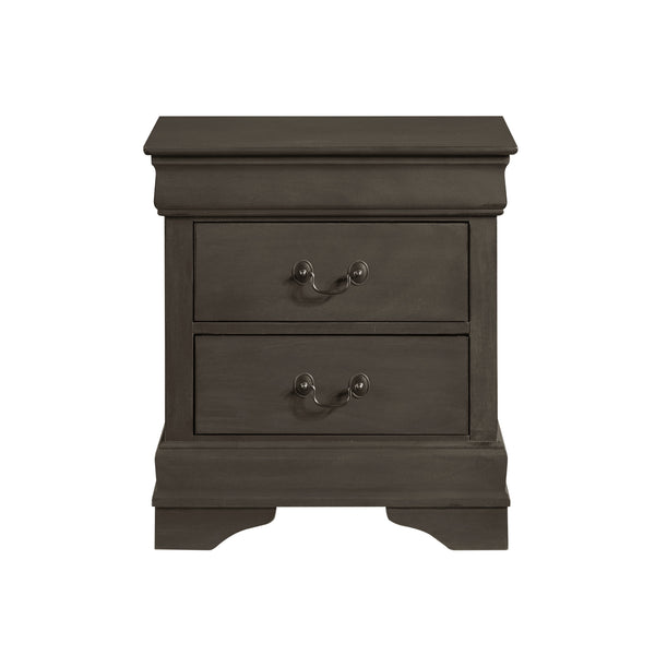 English Elm Classic Mayville Louis Philippe Nightstand Stained Gray Okume Veneer Antique Brass Drop Handles, 21.5" x 15.75" x 23.75" single-piece traditional bedside storage with two drawers, elegant compact design for classic bedroom décor B01153386