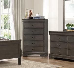 English Elm Classic Mayville 5-Drawer Chest in Stained Gray Okume Veneer with Antique Brass Drop Handles, 31.25x15.75x48.5" B01153393