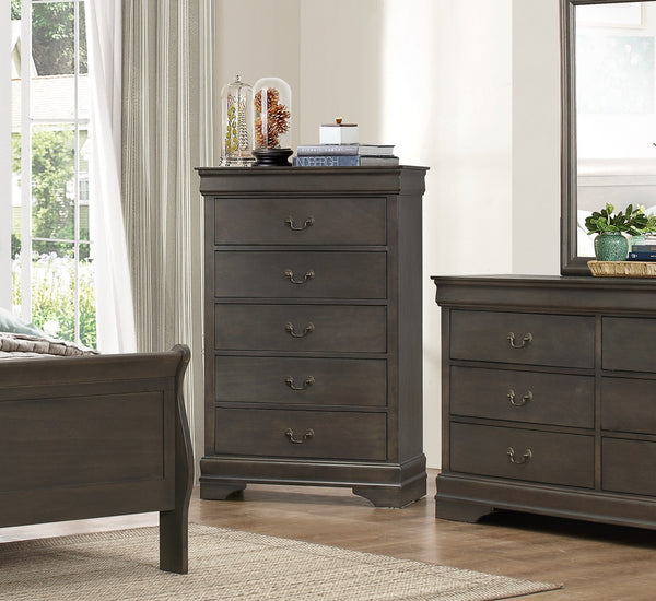 English Elm Classic Mayville 5-Drawer Chest in Stained Gray Okume Veneer with Antique Brass Drop Handles, 31.25x15.75x48.5" B01153393
