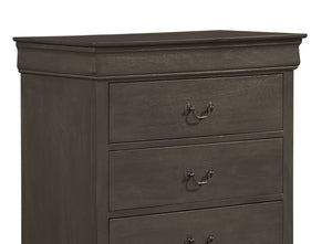 English Elm Classic Mayville 5-Drawer Chest in Stained Gray Okume Veneer with Antique Brass Drop Handles, 31.25x15.75x48.5" B01153393