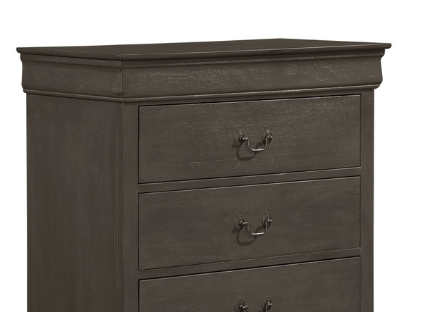 English Elm Classic Mayville 5-Drawer Chest in Stained Gray Okume Veneer with Antique Brass Drop Handles, 31.25x15.75x48.5" B01153393