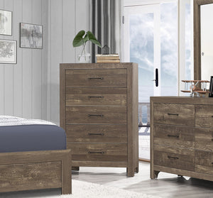English Elm Simple Rustic Brown 5-Drawer Chest with Black Metal Hardware, Embossed Faux-Wood Veneer, 31.5x16x47.5 B01153395