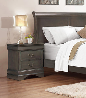 English Elm Classic Mayville Louis Philippe Nightstand Stained Gray Okume Veneer Antique Brass Drop Handles, 21.5" x 15.75" x 23.75" single-piece traditional bedside storage with two drawers, elegant compact design for classic bedroom décor B01153386