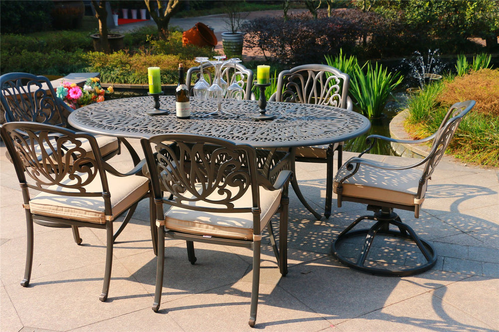 English Elm Oval Geneva 6-Person 72" Aluminum Outdoor Dining Set with Sunbrella Cushions, Swivel Rockers B010S00088