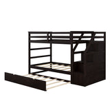 Hearth and Haven Twin over Twin Bunk Bed with Twin Size Trundle and 3 Storage Stairs, Espresso
