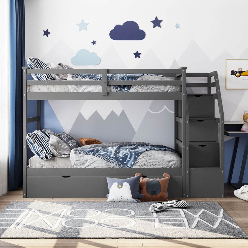 English Elm Twin-over-twin Bunk Bed with Trundle Stair Storage Kids Shared Bedroom White LT000064AAE