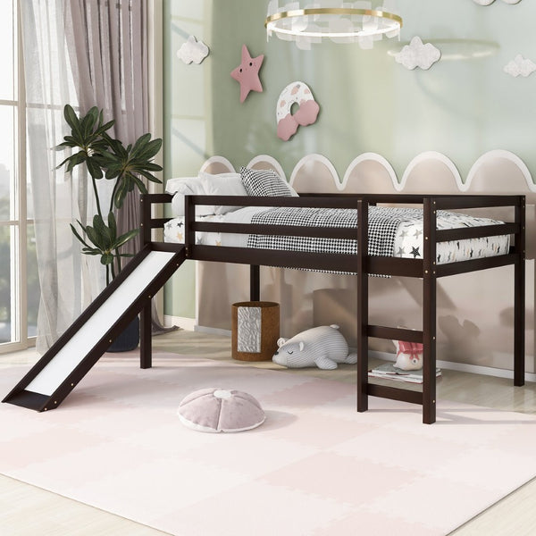 English Elm Loft Twin Bed with Built-in Slide Solid Pine Frame Kids Elevated Sleep Play Space WF292715AAP