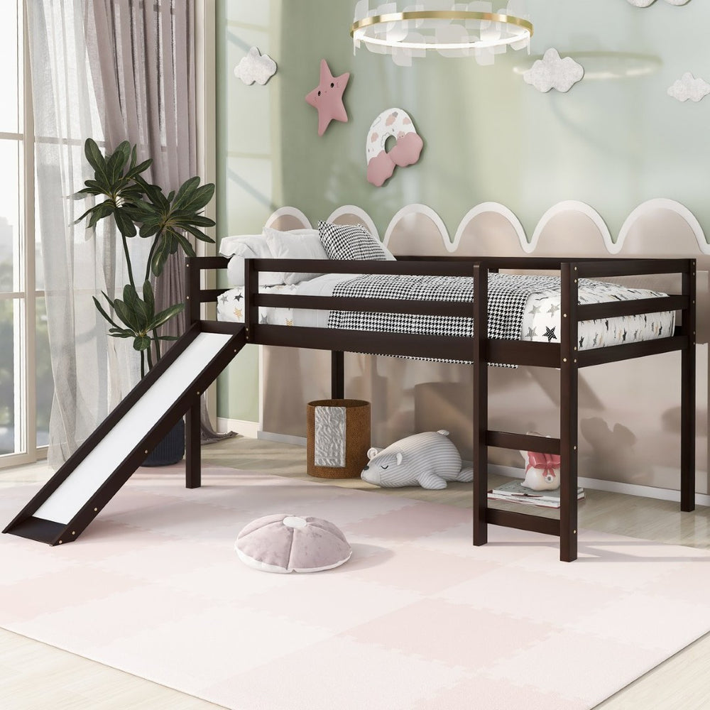English Elm Loft Bed with Built-in Slide Solid Pine Twin Frame for Kids Bedroom Play N708P360093P