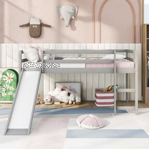 English Elm Loft Bed with Built-in Slide Solid Pine Twin Frame for Kids Bedroom Play N708P360093E