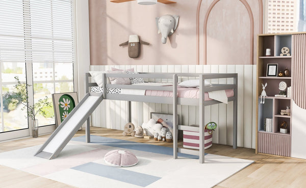 English Elm Loft Bed with Built-in Slide Solid Pine Twin Frame for Kids Bedroom Play N708P360093E