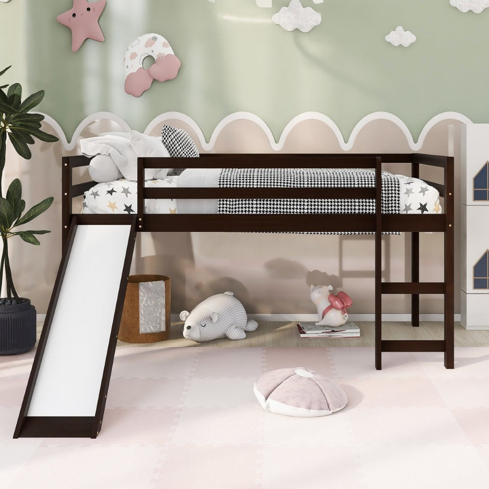 English Elm Loft Twin Bed with Built-in Slide Solid Pine Frame Kids Elevated Sleep Play Space WF292715AAP