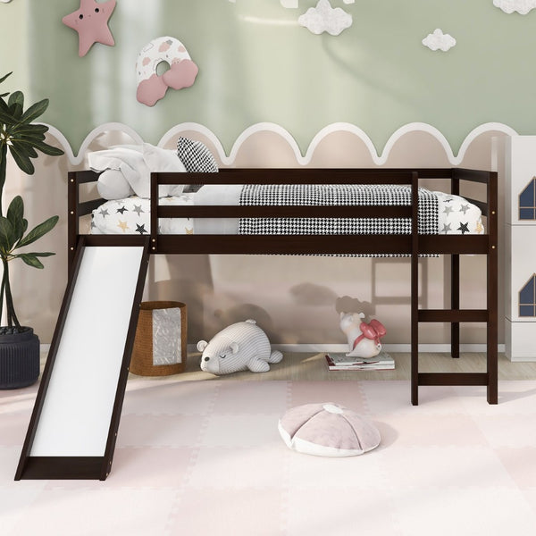 English Elm Loft Bed with Built-in Slide Solid Pine Twin Frame for Kids Bedroom Play N708P360093P