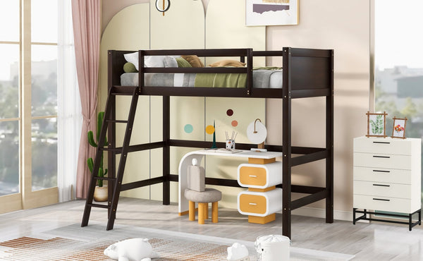 English Elm Solid Pine Twin Loft Bed with Guard Rails and Ladder for Kids or Teen Rooms WF292330AAP