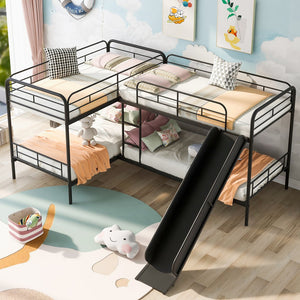 English Elm Twin L-Shaped Bunk Bed with Slide & Ladder, Solid Metal Black Frame, Sturdy Sleepover Solution GX000615AAB-1