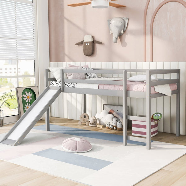 English Elm Loft Bed with Built-in Slide Solid Pine Twin Frame for Kids Bedroom Play N708P360093E