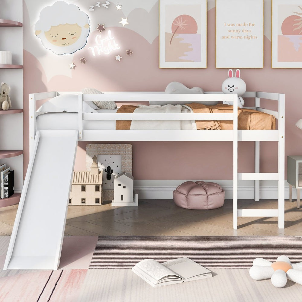 English Elm Loft Bed with Built-in Slide Solid Pine Twin Frame for Kids Bedroom Play N708P360093K